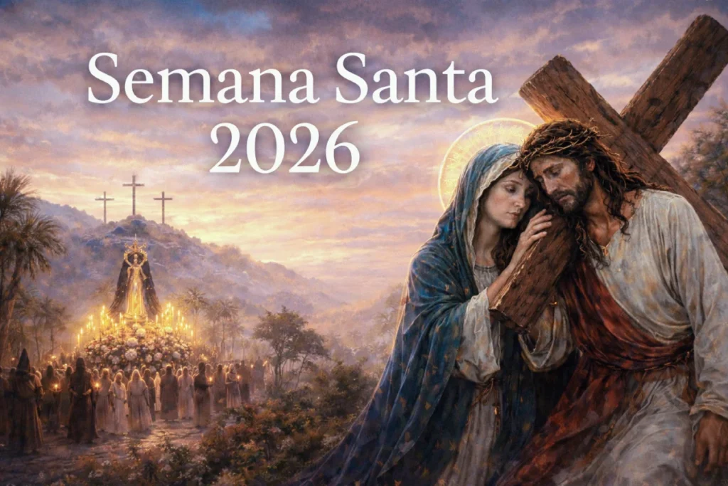 Imagen con el texto “Semana Santa 2026”, que muestra el monte del Calvario al atardecer con la cruz en el centro, cielo en tonos dorados y púrpura, evocando la pasión y la resurrección de Cristo.