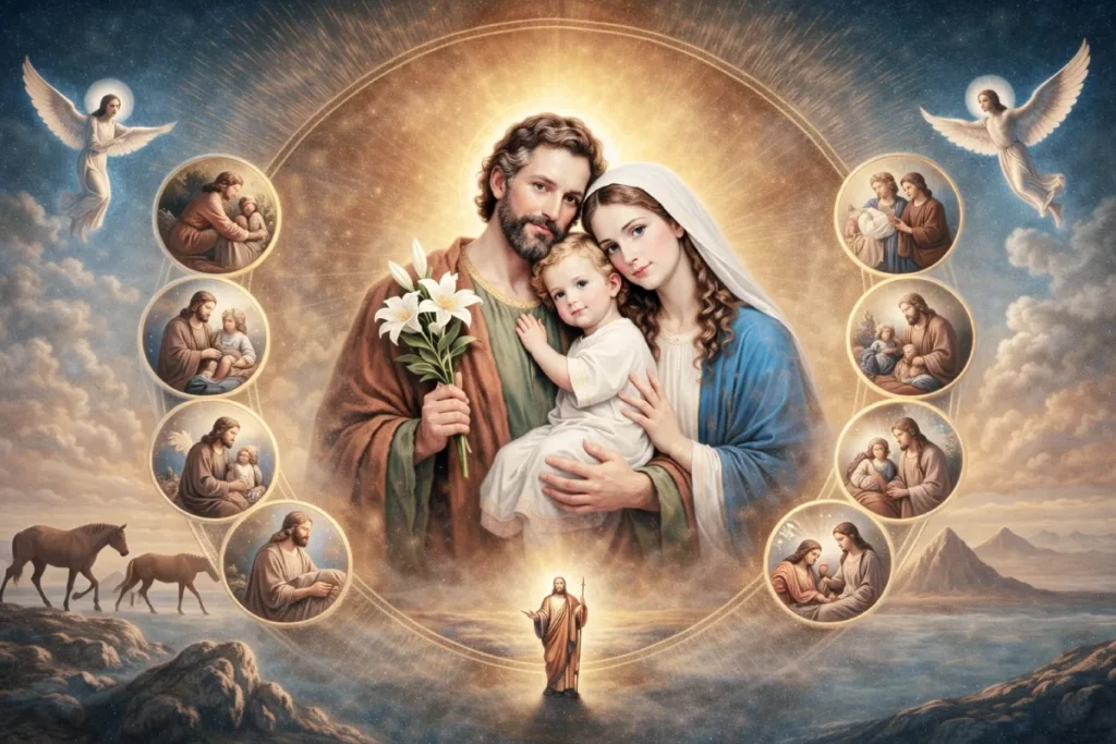 coronilla a san josé con los 8 misterios representados en medallones alrededor de la sagrada familia con san josé la virgen maría y el niño jesús en el centro