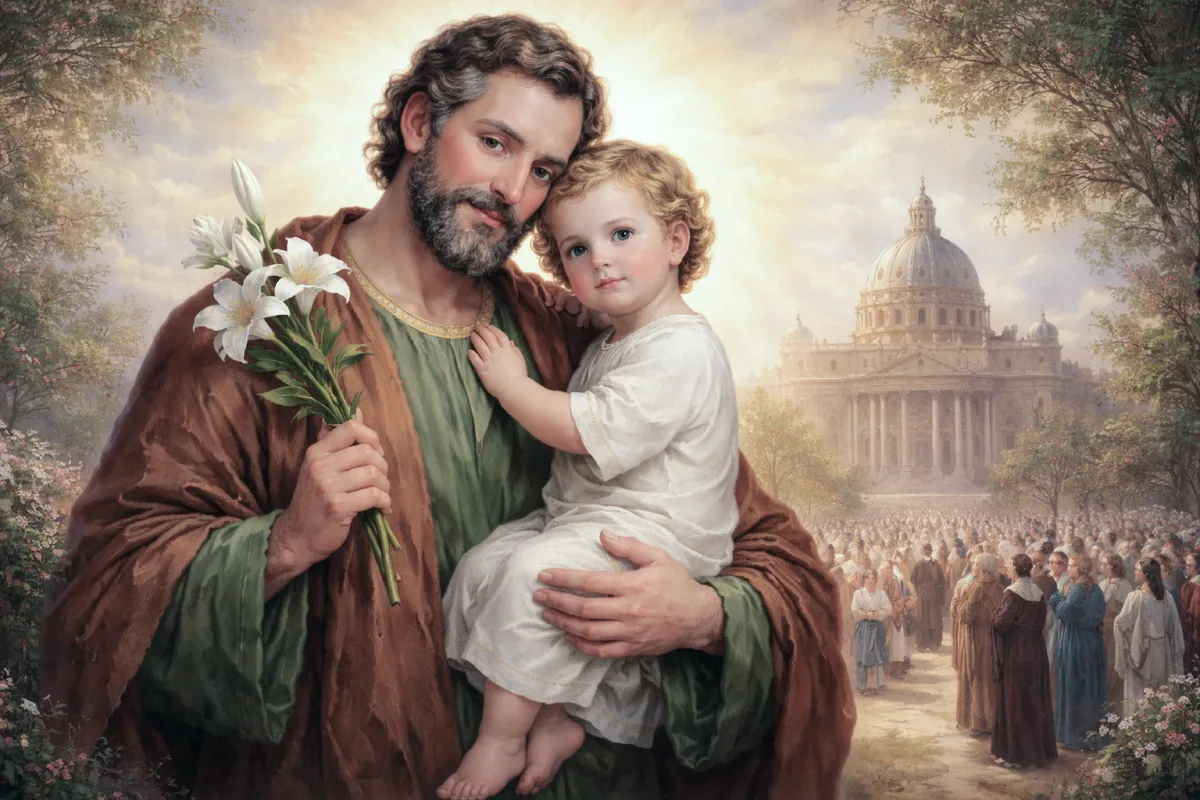 San José patrono de la Iglesia universal sosteniendo al Niño Jesús y lirios blancos, ilustración religiosa con la Iglesia protegida bajo su intercesión