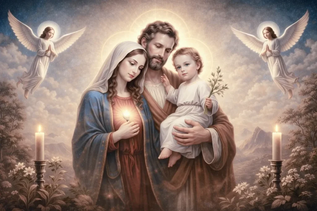 Coronilla de los imposibles a San José: San José protege a la Sagrada Familia con el Niño Jesús y la Virgen María en un ambiente luminoso y celestial lleno de esperanza