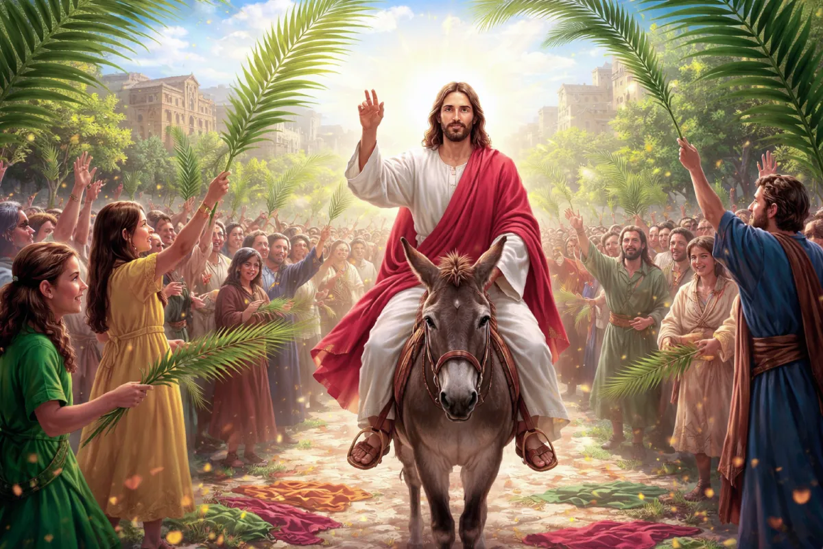 Domingo de Ramos: Jesús entra en Jerusalén montado en un burrito mientras la multitud lo recibe con ramos de palma y alegría, marcando el inicio de la Semana Santa