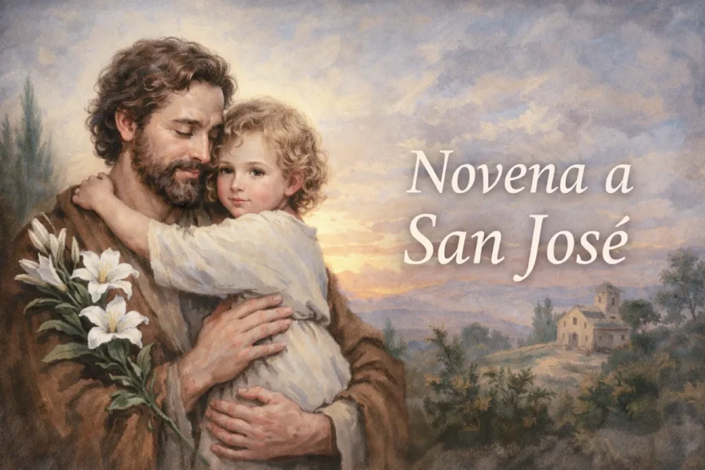 Novena a San José ilustración devocional con San José sosteniendo al Niño Jesús, estilo pintura religiosa tradicional que invita a rezar la novena.