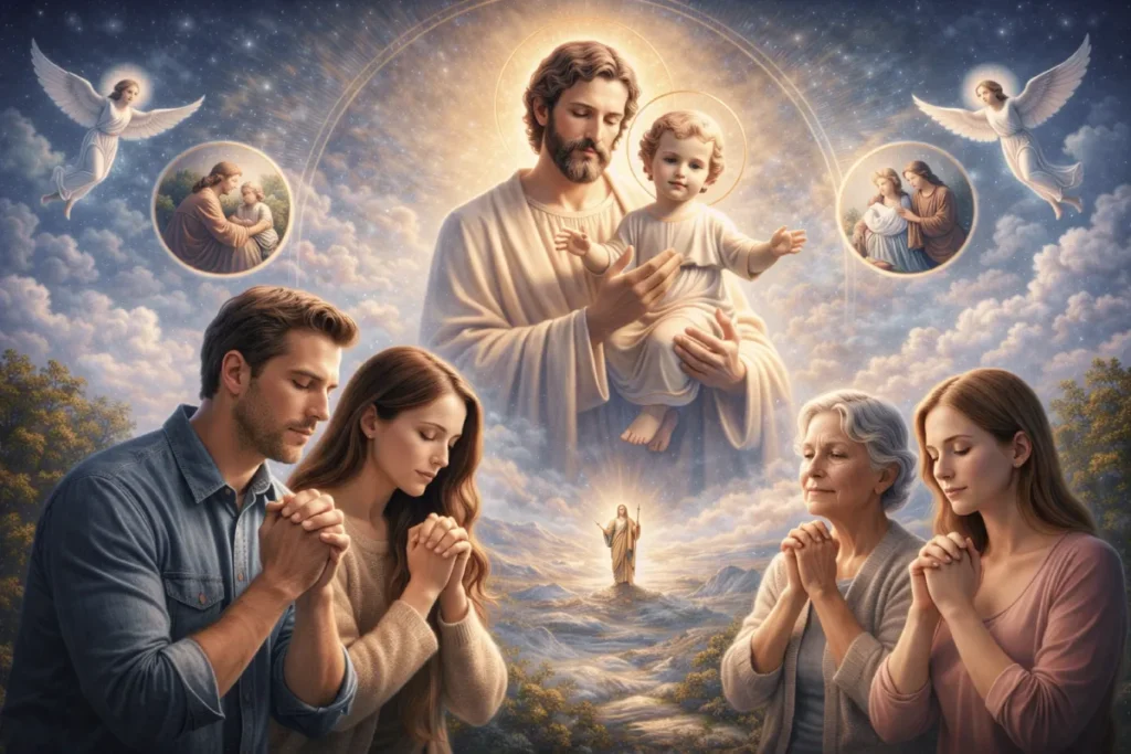 oración a san josé imagen de fieles rezando y pidiendo su intercesión ante san josé con el niño jesús