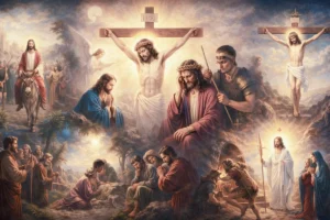 Los días de la Semana Santa y su significado: escenas de la entrada de Jesús en Jerusalén, su pasión, crucifixión y resurrección en una composición luminosa y espiritual