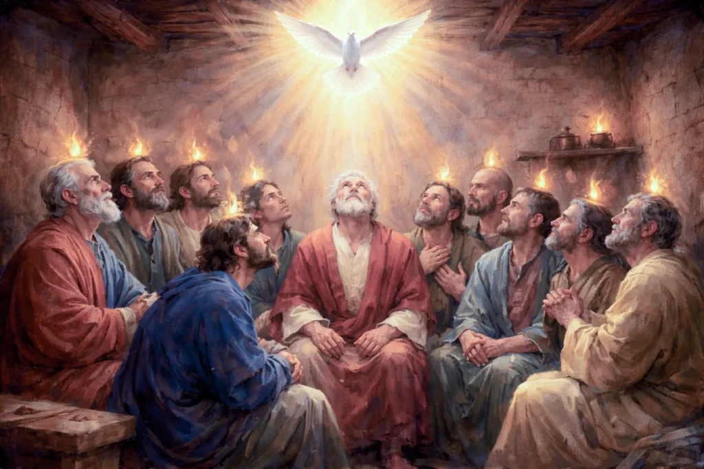 pentecostés espíritu santo descendiendo sobre los apóstoles con lenguas de fuego y paloma luminosa