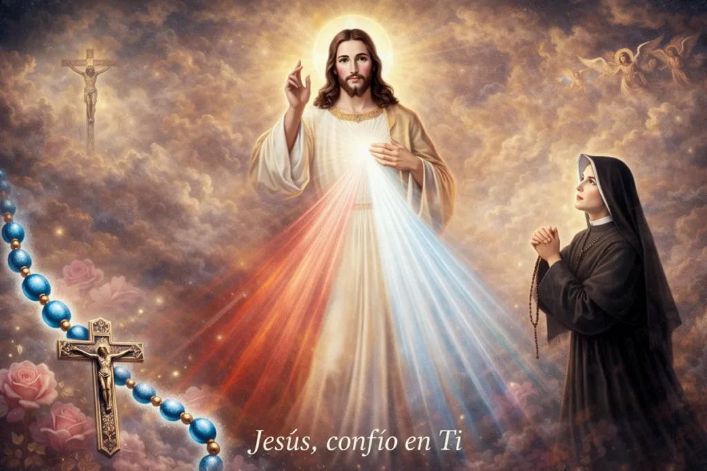 Coronilla de la Divina Misericordia: Jesús misericordioso con rayos de luz roja y blanca que brotan de su corazón mientras bendice a Santa Faustina en un ambiente celestial luminoso