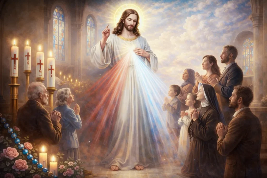 domingo de la divina misericordia jesus misericordioso con fieles en oración celebrando su misericordia