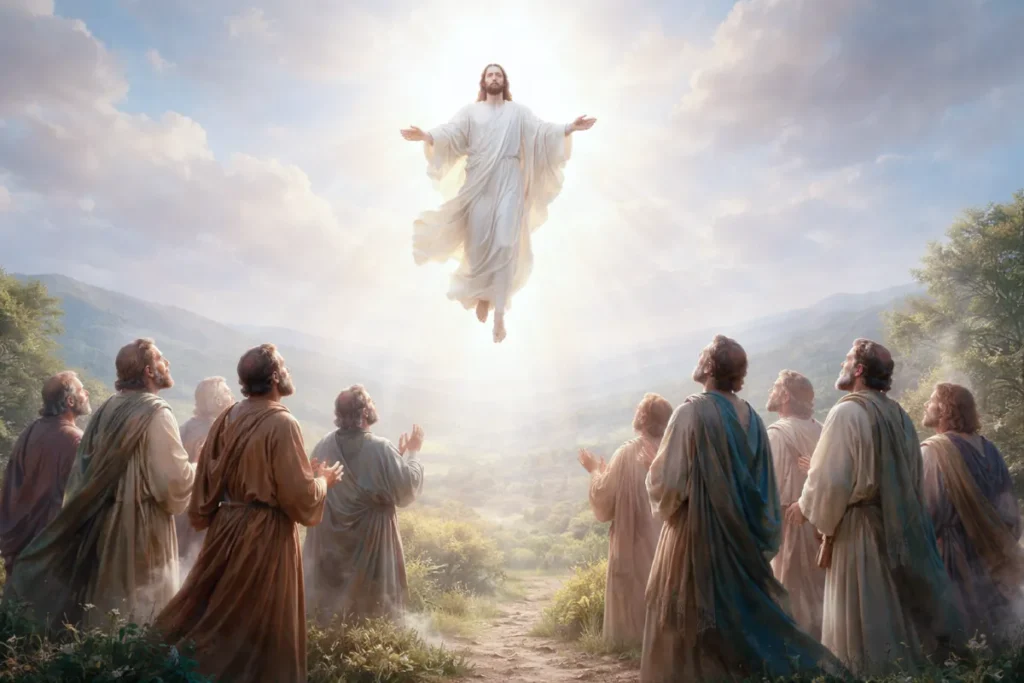 La ascensión del señor jesús subiendo al cielo con discípulos mirando hacia arriba.
