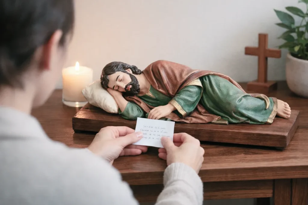 oración a san josé dormido con intención escrita colocada bajo la imagen en acto de fe y confianza