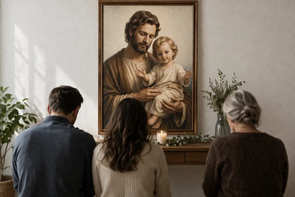 oración a san josé personas rezando frente a san josé con el niño jesús en un ambiente de fe y recogimiento