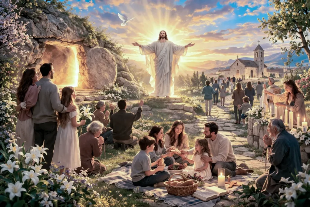 tiempo de pascua imagen de jesus resucitado con creyentes celebrando y viviendo la alegría pascual en comunidad