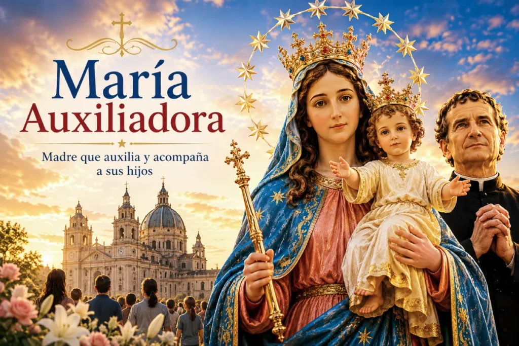María Auxiliadora con el Niño Jesús frente a una basílica al atardecer, acompañada por san Juan Bosco y fieles en oración, símbolo de protección y esperanza cristiana