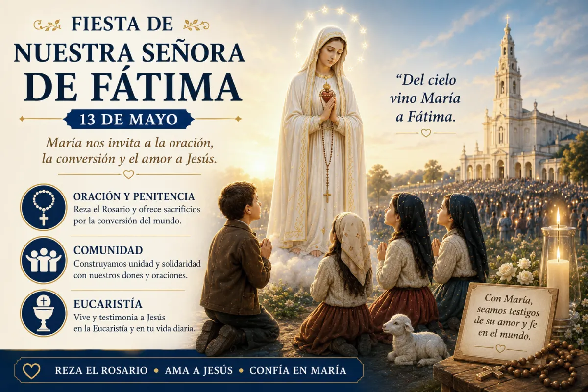 Ilustración religiosa de la fiesta de Nuestra Señora de Fátima, donde la Virgen María aparece ante los tres pastorcitos en la Cova da Iria mientras una multitud reza al fondo, destacando la oración, la comunidad y la Eucaristía como centro de la vida cristiana.