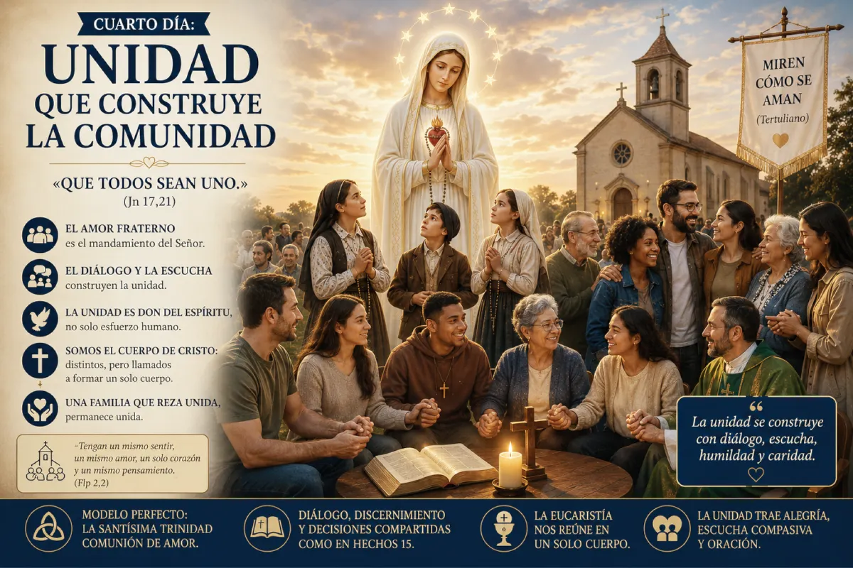 Alt-text: Ilustración religiosa sobre la unidad cristiana inspirada en la Virgen de Fátima, donde varias personas de diferentes edades oran y comparten en comunidad frente a una iglesia, simbolizando el amor fraterno, el diálogo y la comunión en la fe.