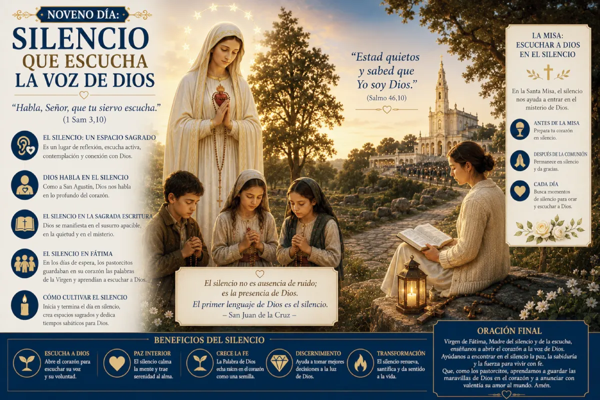 Ilustración religiosa sobre el silencio y la escucha de Dios inspirada en la Virgen de Fátima, donde los pastorcitos y una joven oran y leen la Biblia en un ambiente de contemplación y quietud, simbolizando el silencio como camino de oración, paz interior y encuentro con Dios.