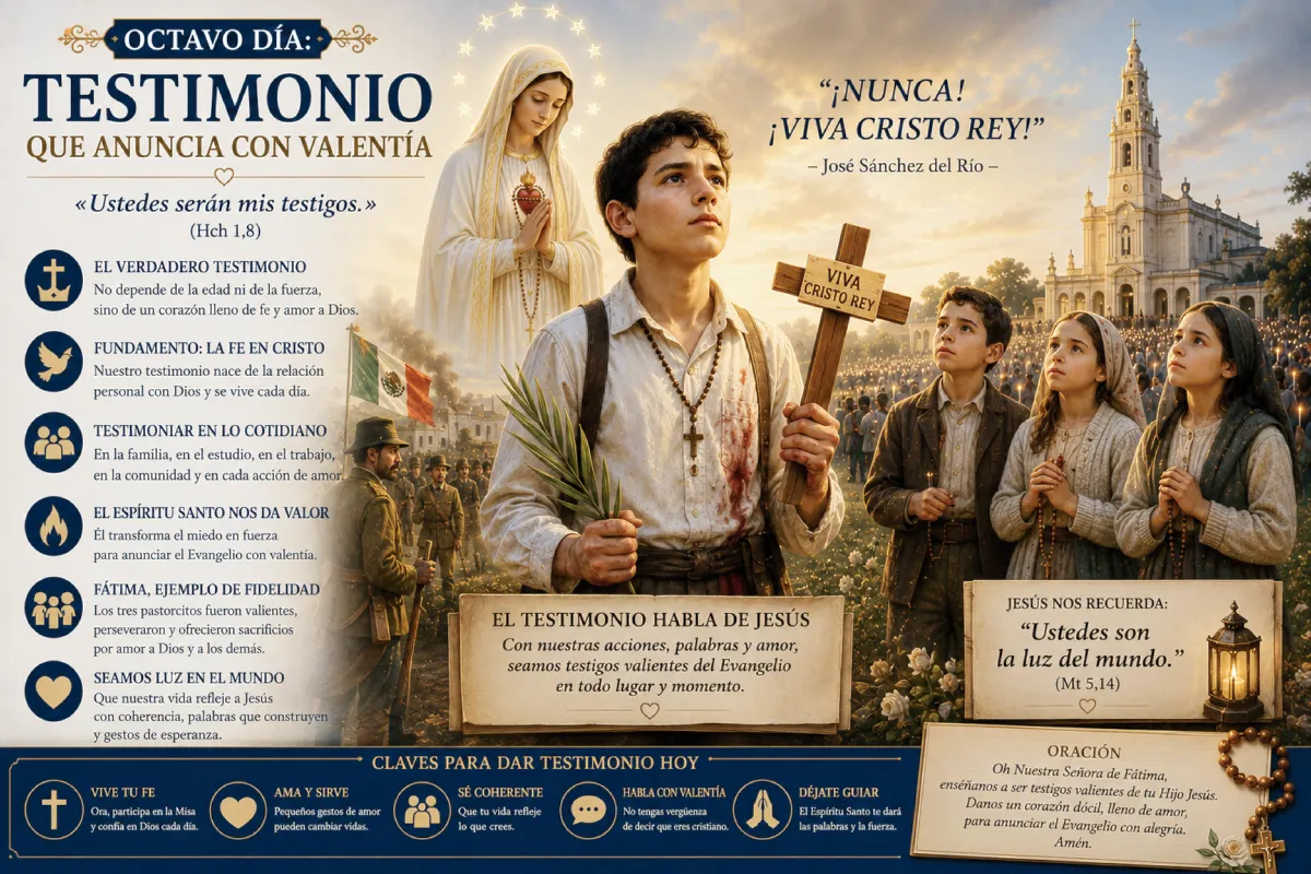 Ilustración religiosa sobre el testimonio cristiano inspirada en la Virgen de Fátima, donde san José Sánchez del Río sostiene una cruz y proclama su fe junto a los pastorcitos de Fátima, resaltando la valentía, la fidelidad y el anuncio del Evangelio.