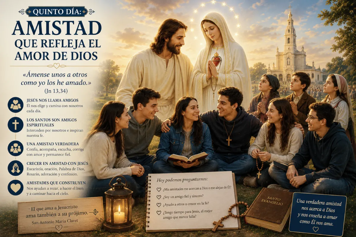  Ilustración religiosa sobre la amistad cristiana inspirada en la Virgen de Fátima, donde Jesús, María y los pastorcitos acompañan a un grupo de jóvenes reunidos en oración y fraternidad, resaltando la amistad verdadera, la fe y el amor de Dios.