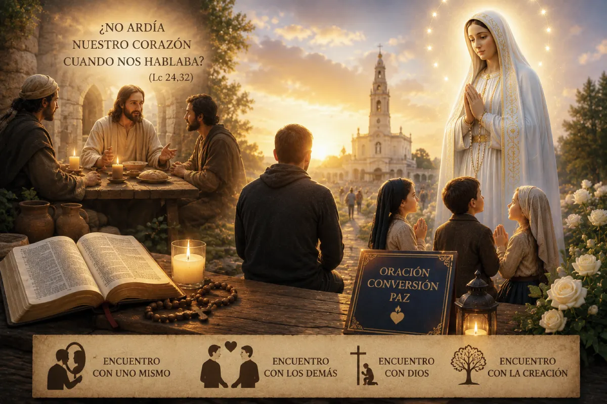 novena virgen de fátima encuentro que enciende el corazón con jesús en emaús, la virgen de fátima y los tres pastorcitos rezando frente al santuario al atardecer