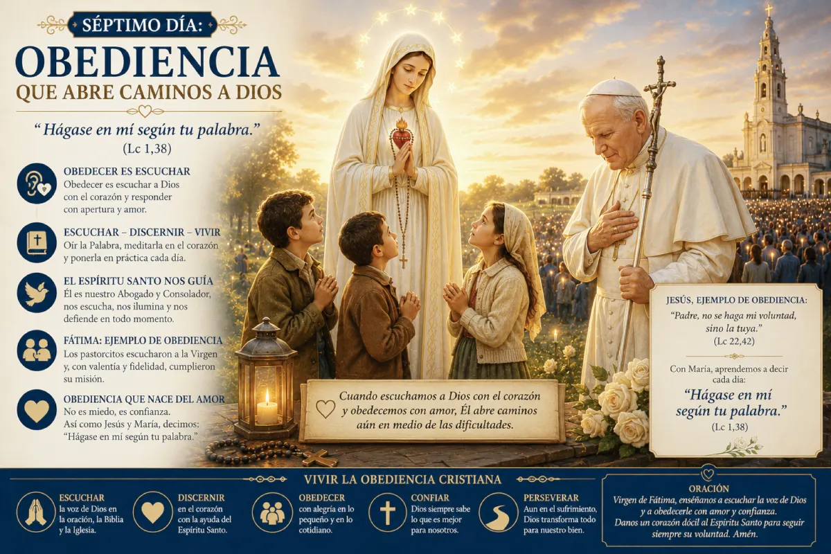 Ilustración religiosa sobre la obediencia a Dios inspirada en la Virgen de Fátima, donde María aparece junto a los pastorcitos y san Juan Pablo II en actitud de oración, destacando la escucha de la Palabra, la guía del Espíritu Santo y la confianza en la voluntad de Dios.