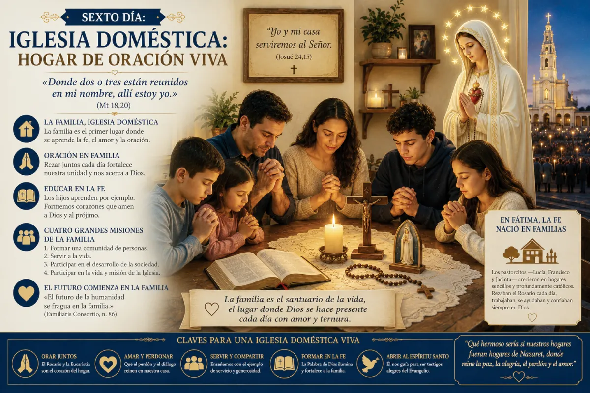 Ilustración religiosa sobre la Iglesia doméstica inspirada en la Virgen de Fátima, donde una familia reza unida alrededor de una mesa con la Biblia, el Rosario y una vela encendida, simbolizando el hogar cristiano como lugar de oración, fe y amor.