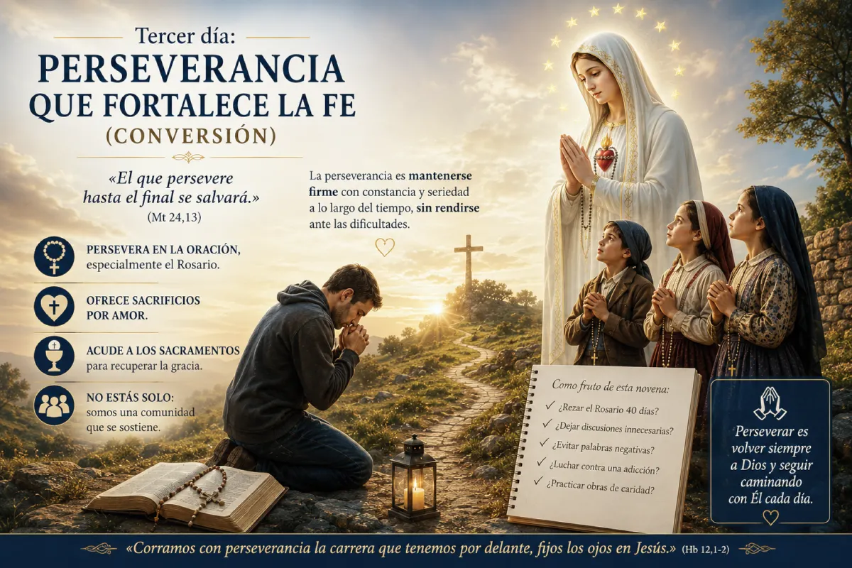 Ilustración religiosa de la Virgen de Fátima junto a los tres pastorcitos observando a un hombre arrodillado en oración durante el tercer día de una novena sobre la perseverancia y la conversión, con referencias al Rosario, los sacramentos y la fe cristiana.