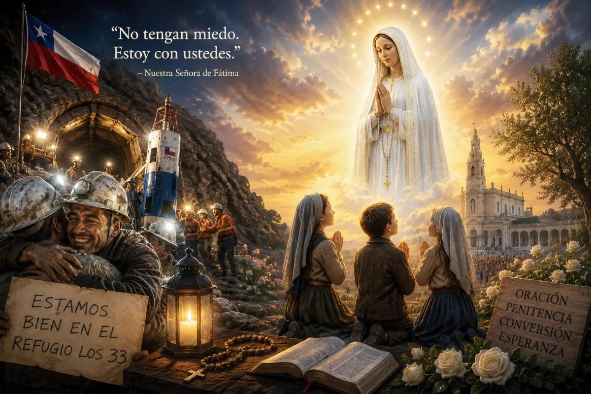 novena virgen de fátima esperanza que ilumina el camino con la virgen maría apareciendo sobre los mineros chilenos rescatados y los tres pastorcitos rezando al atardecer