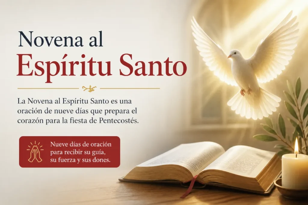 novena al espíritu santo con paloma blanca símbolo del Espíritu Santo y Biblia abierta