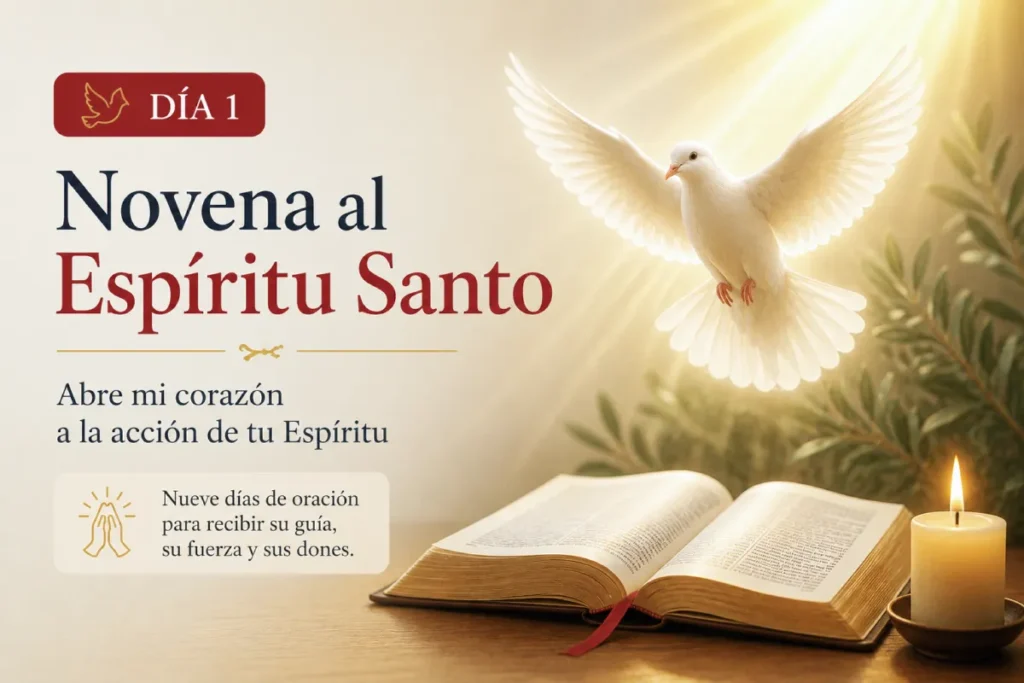novena al espíritu santo día 1 con paloma blanca símbolo del Espíritu Santo y Biblia abierta