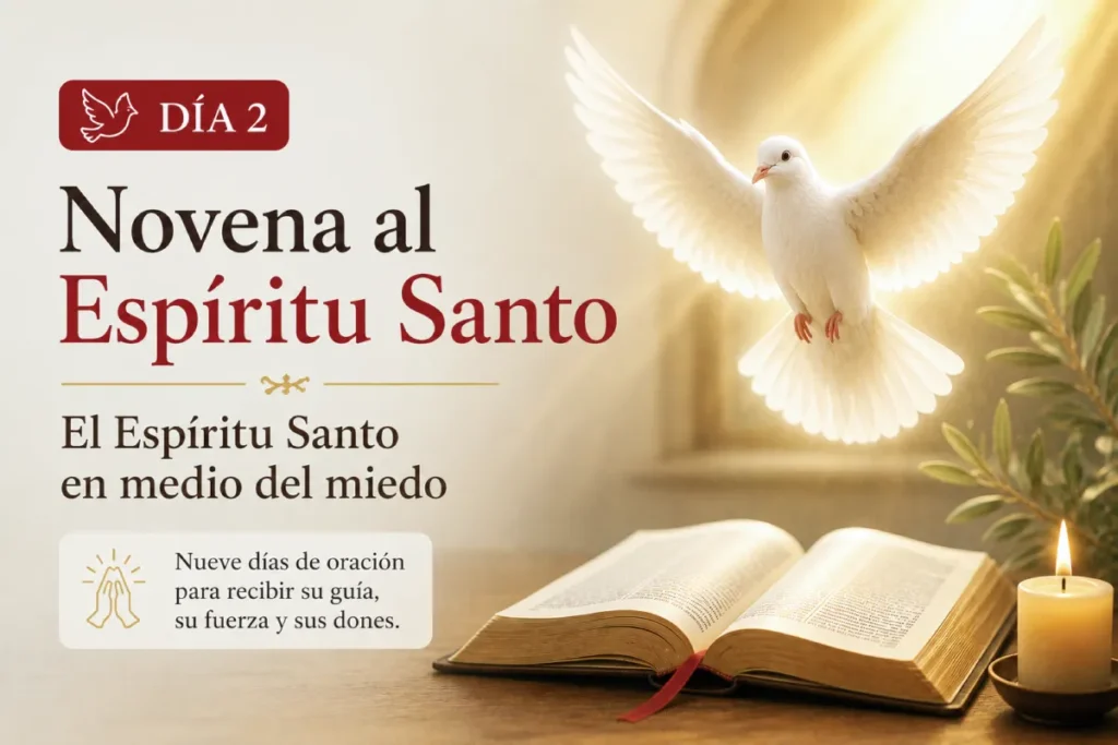 novena al espíritu santo día 2 con paloma blanca símbolo del Espíritu Santo y Biblia abierta