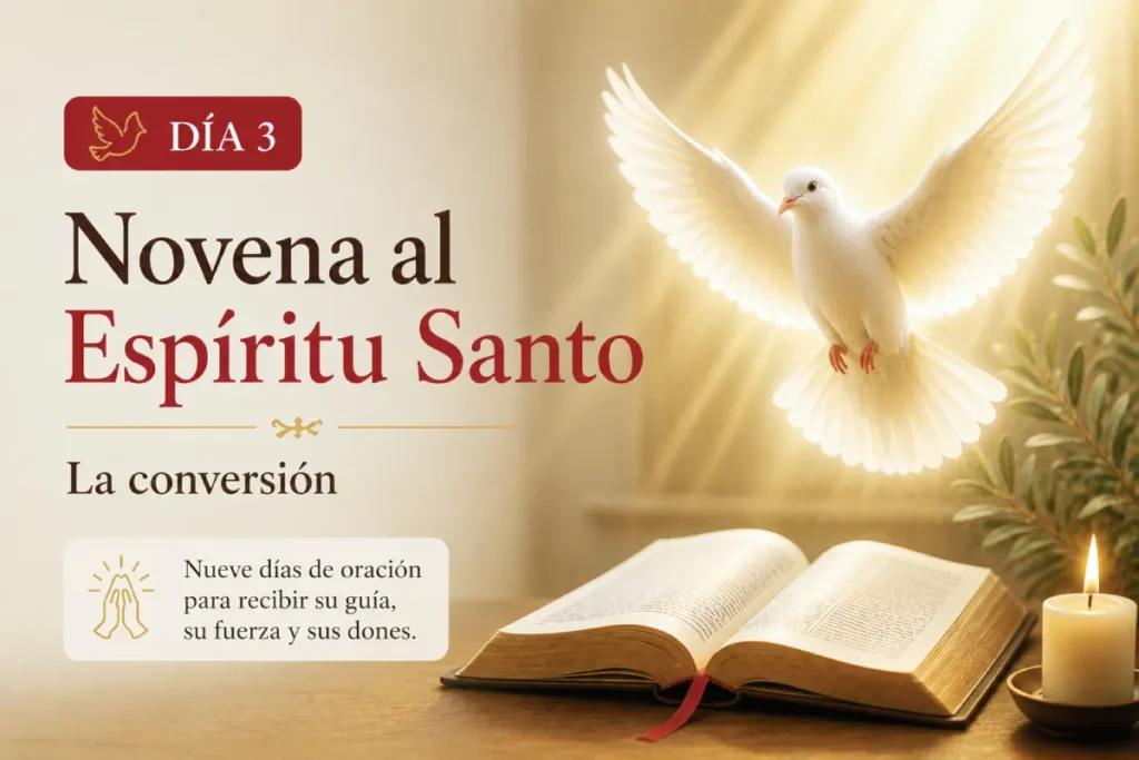 novena al espíritu santo día 3 con paloma blanca símbolo del Espíritu Santo y Biblia abierta