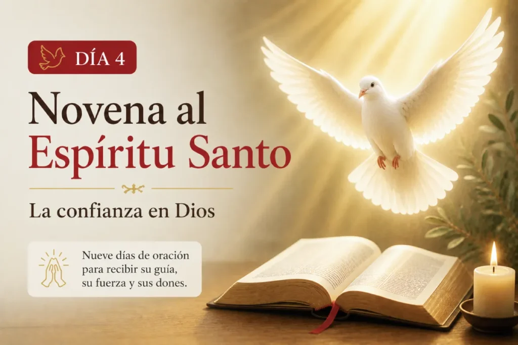 novena al espíritu santo día 4 con paloma blanca símbolo del Espíritu Santo y Biblia abierta
