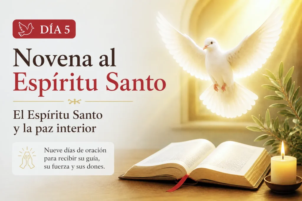 Novena al Espíritu Santo día 5 con paloma blanca, Biblia abierta y vela encendida, reflexión sobre la paz interior que Dios trae al corazón.