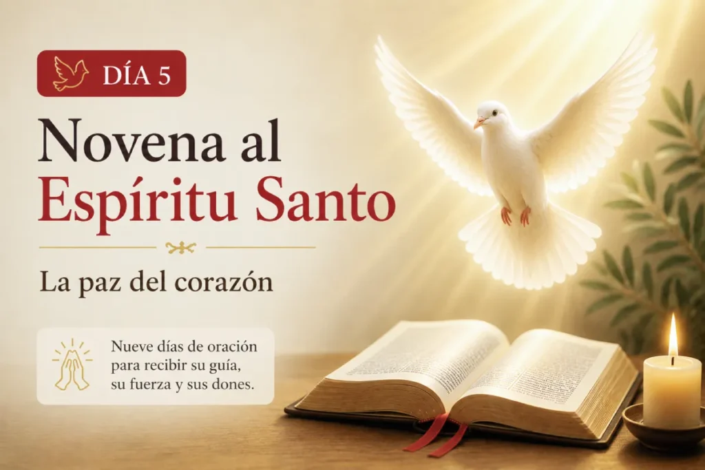 novena al espíritu santo día 5 con paloma blanca símbolo del Espíritu Santo y Biblia abierta
