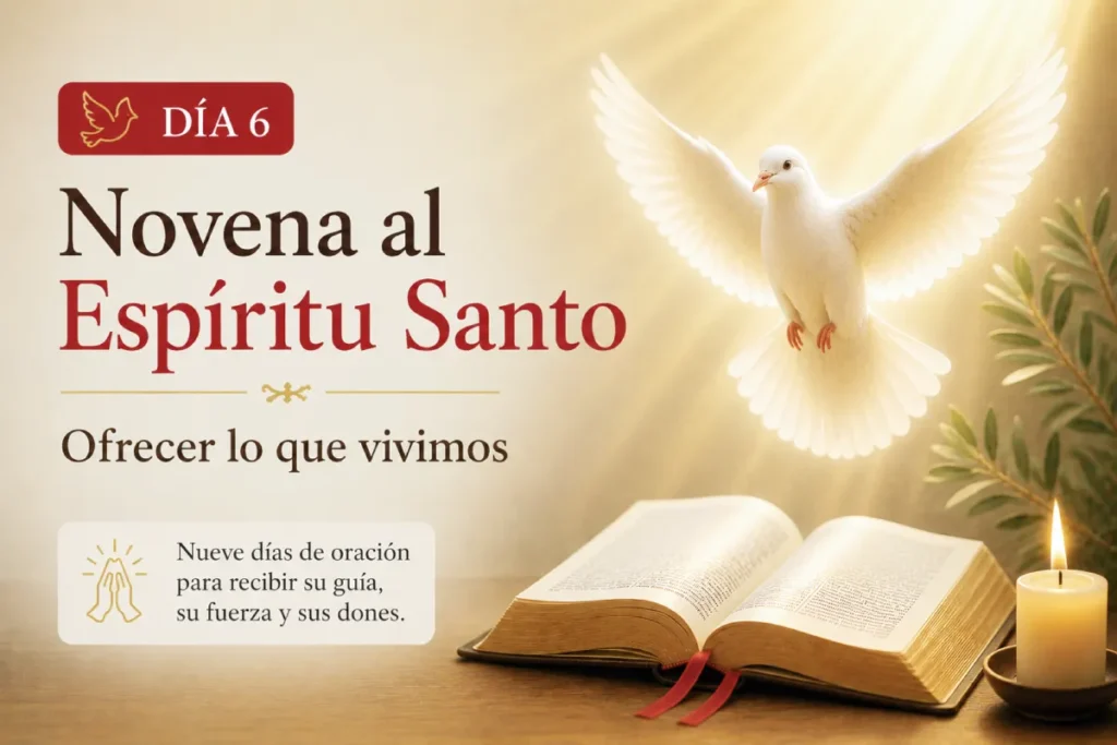 novena al espíritu santo día 6 con paloma blanca símbolo del Espíritu Santo y Biblia abierta