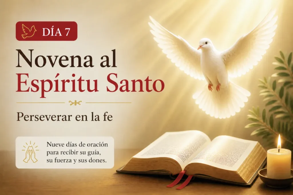 novena al espíritu santo día 7 con paloma blanca símbolo del Espíritu Santo y Biblia abierta