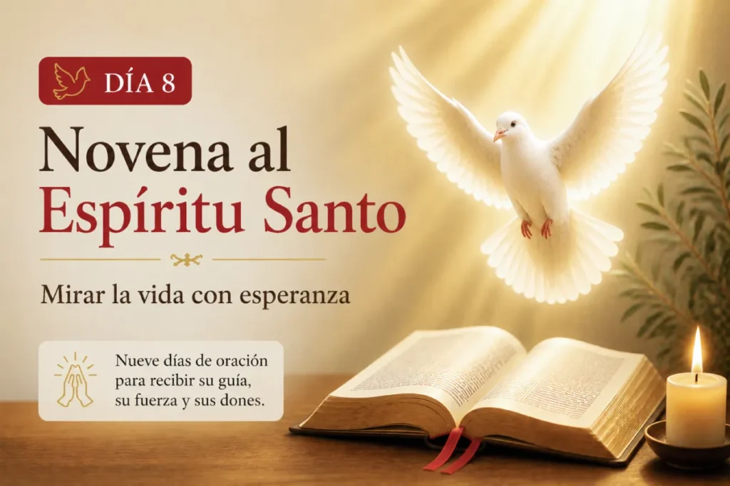 novena al espíritu santo día 8 con paloma blanca símbolo del Espíritu Santo y Biblia abierta