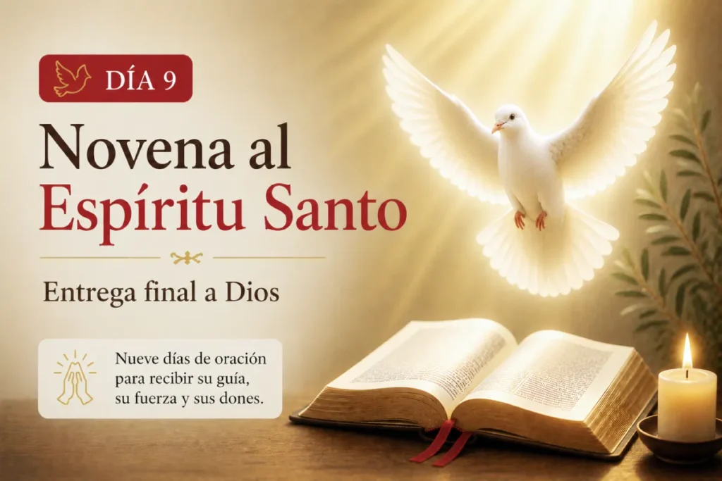novena al espíritu santo día 9 con paloma blanca símbolo del Espíritu Santo y Biblia abierta