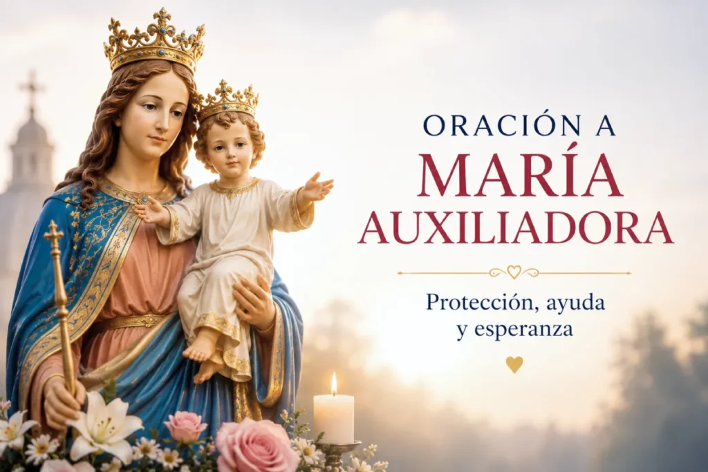 Oración a María Auxiliadora con imagen de la Virgen María y el Niño Jesús, acompañada de un mensaje de protección, ayuda y esperanza.