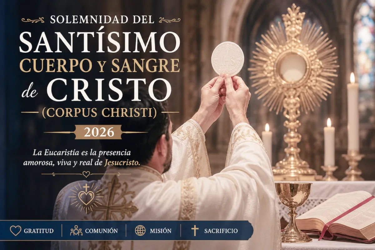 Sacerdote elevando la hostia consagrada durante la Santa Misa ante el Santísimo Sacramento expuesto en una custodia, representando la solemnidad del Corpus Christi y la presencia real de Jesucristo en la Eucaristía, fuente de gratitud, comunión, misión y sacrificio para la vida cristiana.