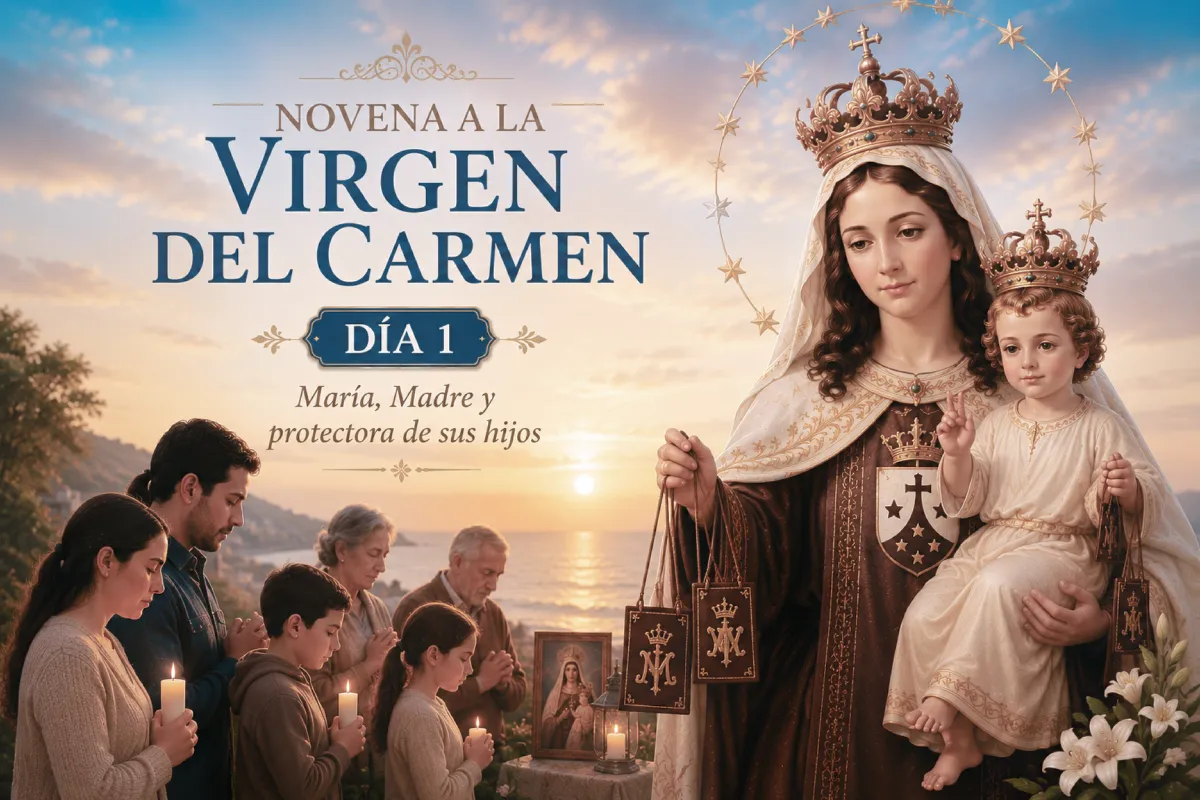 Novena a la Virgen del Carmen día 1: familia rezando ante María, Madre y protectora de sus hijos.