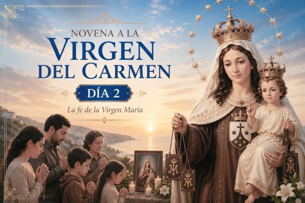 Novena a la Virgen del Carmen día 2: familia rezando ante María, Madre y protectora de sus hijos.