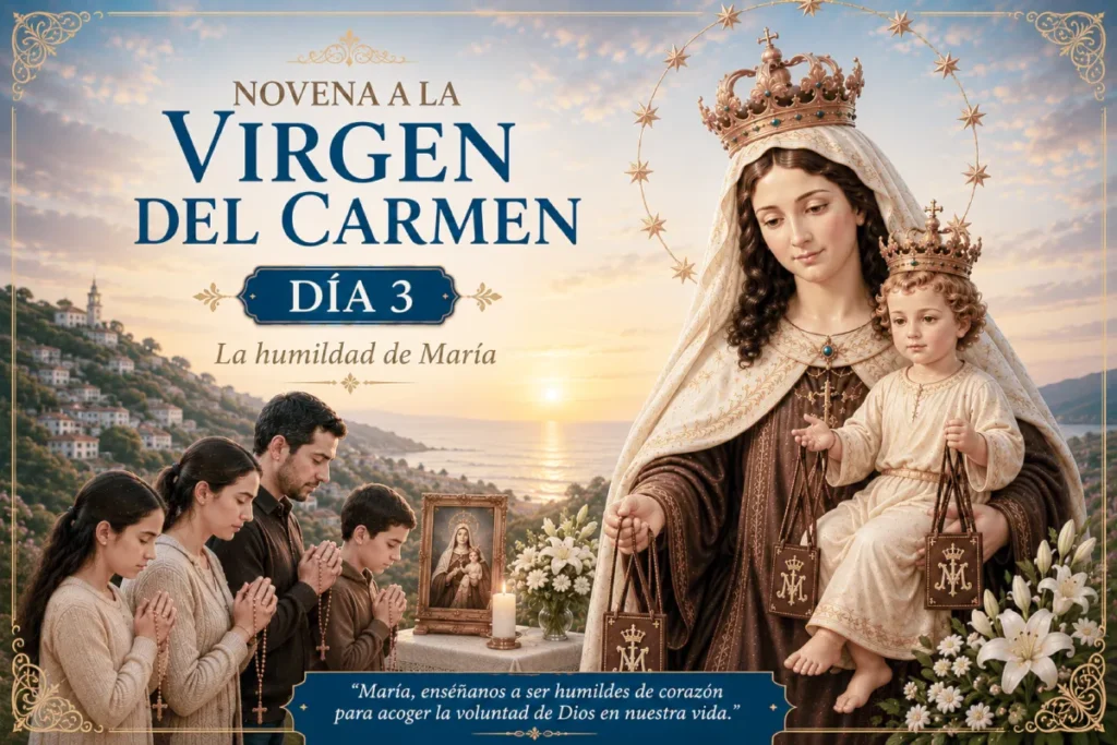 Novena a la Virgen del Carmen día 3: familia rezando ante María, Madre y protectora de sus hijos.