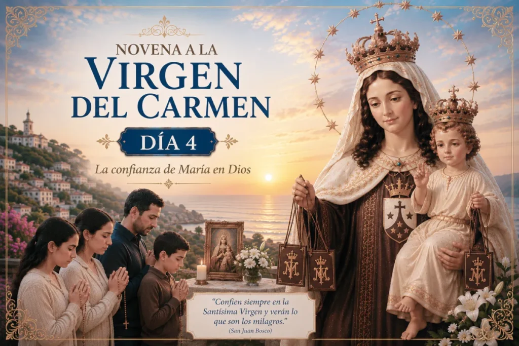 Novena a la Virgen del Carmen día 4: familia rezando ante María, Madre y protectora de sus hijos.