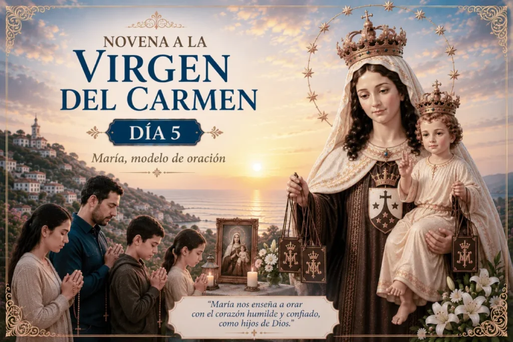 Novena a la Virgen del Carmen día 5: familia rezando ante María, Madre y protectora de sus hijos.
