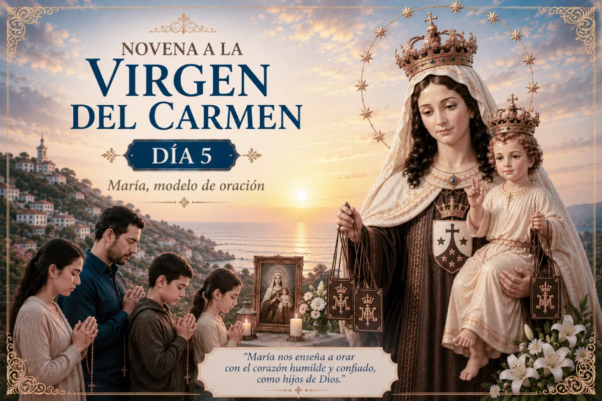 Novena a la Virgen del Carmen día 5: familia rezando ante María, Madre y protectora de sus hijos.