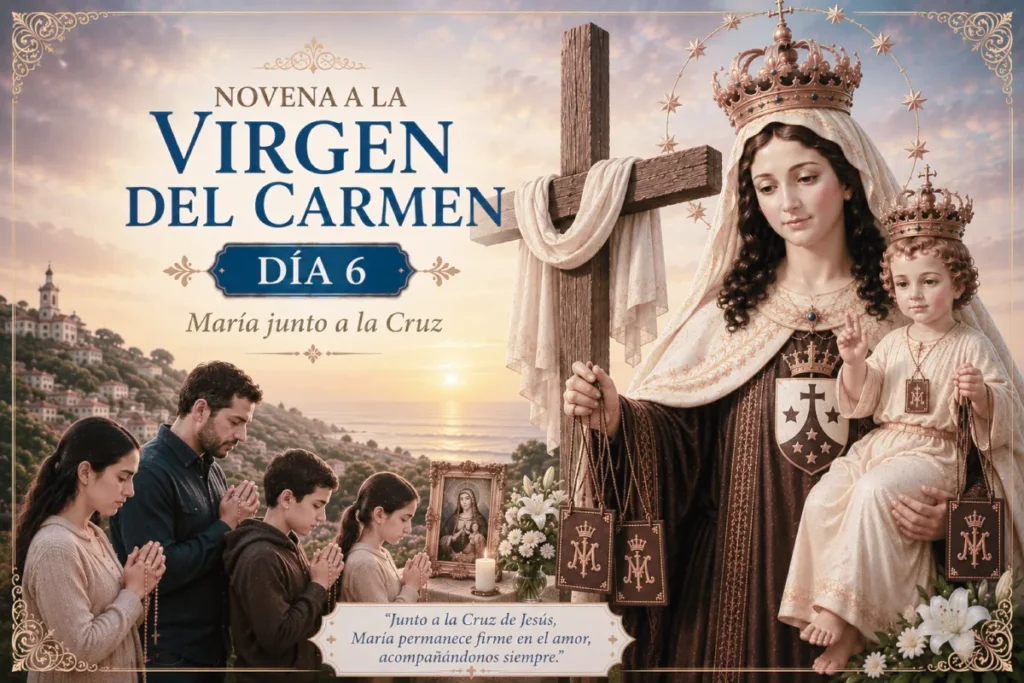 Novena a la Virgen del Carmen día 6: familia rezando ante María, Madre y protectora de sus hijos.