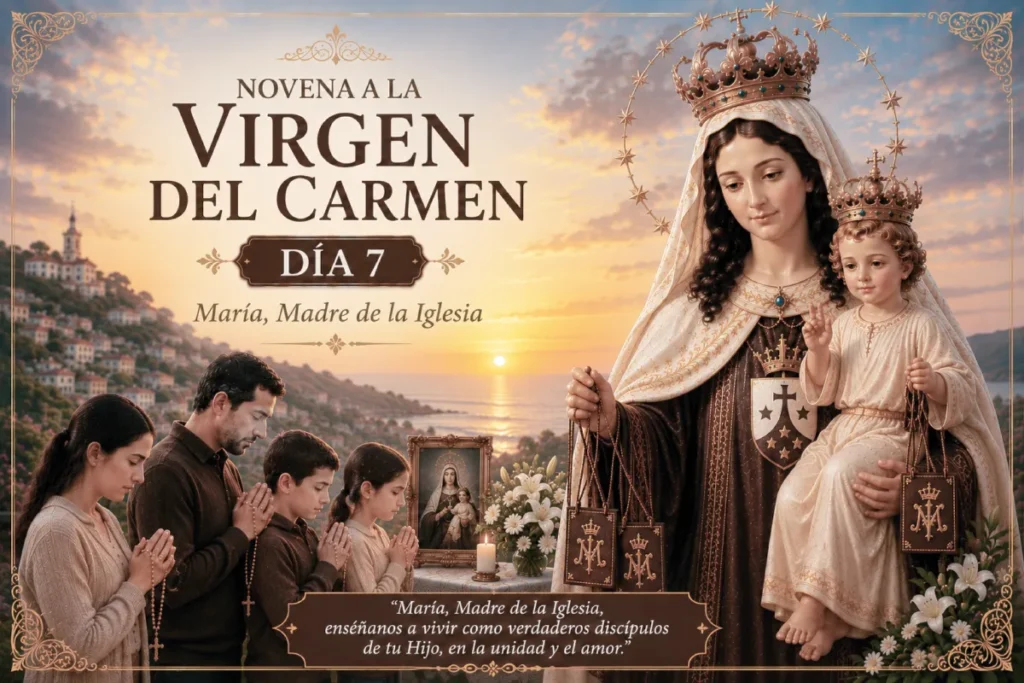 Novena a la Virgen del Carmen día 7: familia rezando ante María, Madre y protectora de sus hijos.