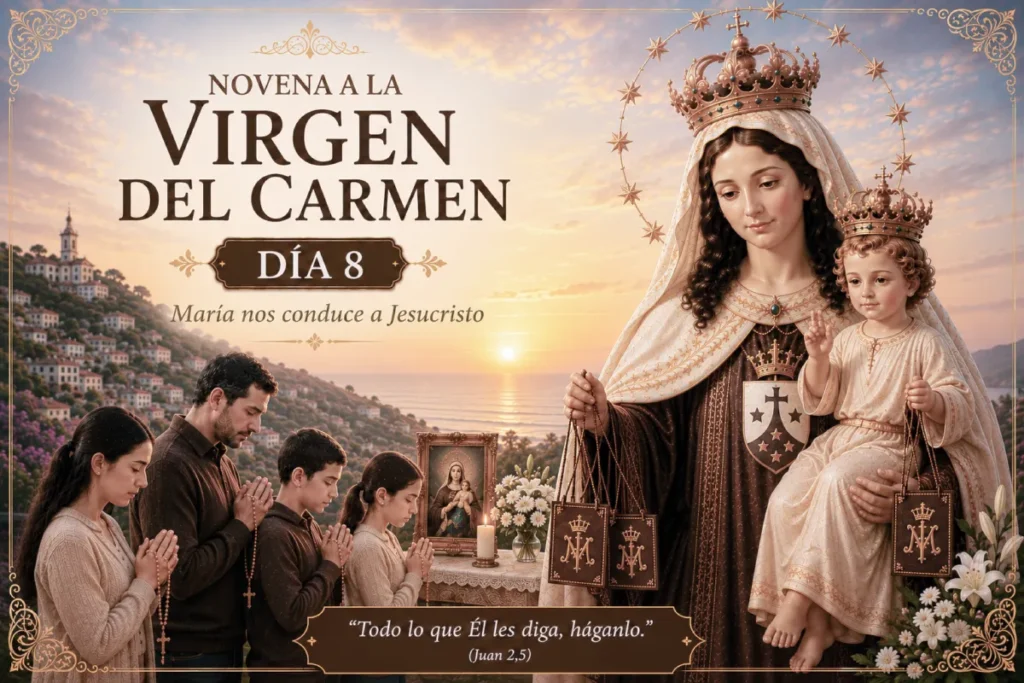 Novena a la Virgen del Carmen día 8: familia rezando ante María, Madre y protectora de sus hijos.