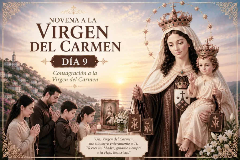 Novena a la Virgen del Carmen día 9: familia rezando ante María, Madre y protectora de sus hijos.