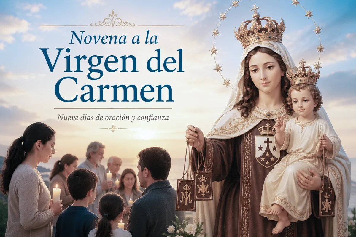 Novena a la Virgen del Carmen con fieles reunidos en oración y confianza bajo la protección de María.